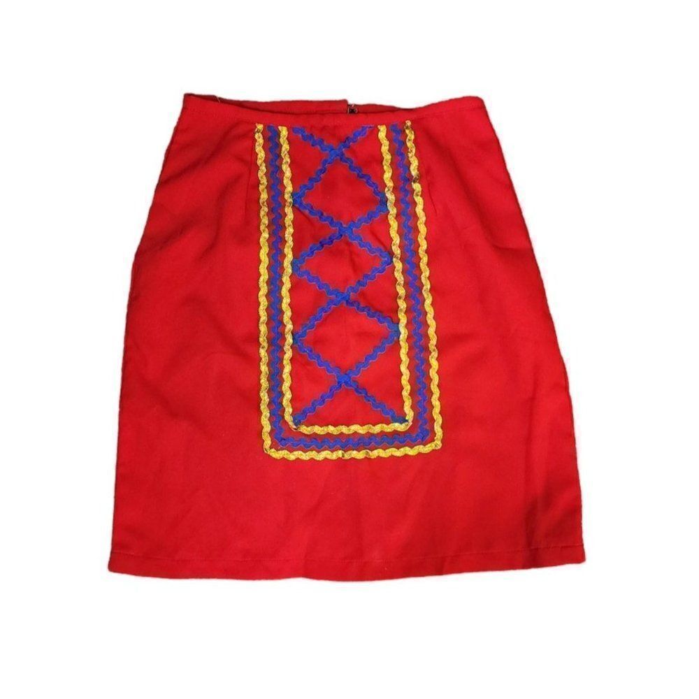 Vintage 60s 70s Skirt Womens Size S Red Mini Groovy Preppy Rick Rack Trim